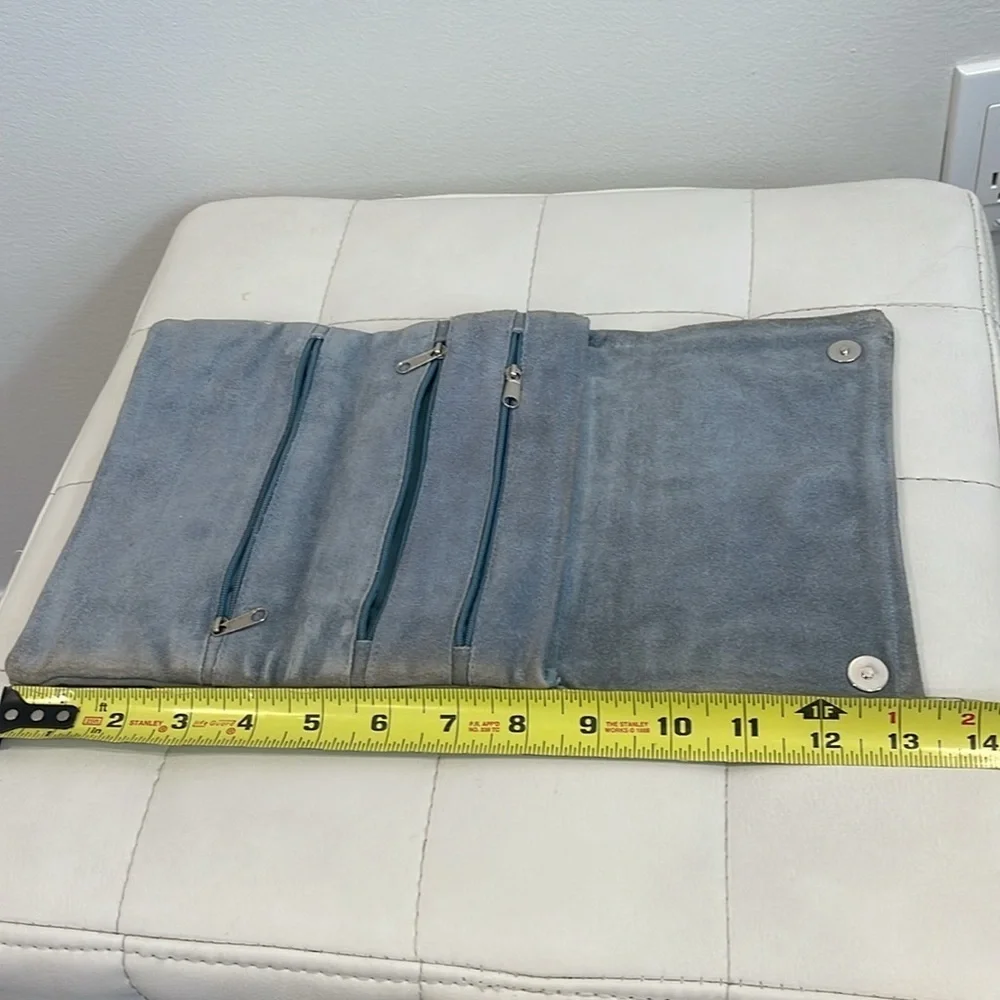 Pale blue clutch with inside zippers and vintage embellishments